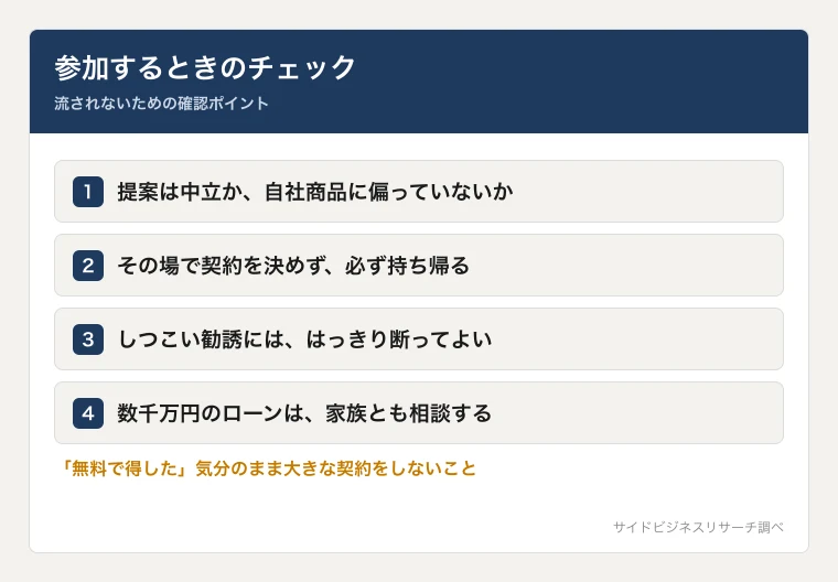 モンスターズマネーに参加するときのチェックポイント。提案が中立か、自社商品に偏っていないか、即決しないことを示した図