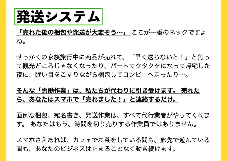 発送システムの説明。梱包・宛名書き・発送はすべて代行業者がやってくれると書かれた広告画面