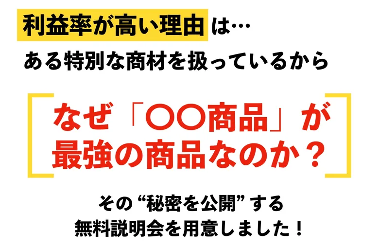 利益率が高い理由はある特別な商材を扱っているから、なぜ〇〇商品が最強の商品なのかとぼかして書かれた広告画面