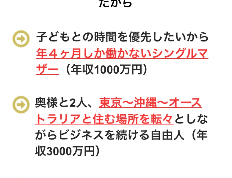 人助けビジネスの広告に並ぶ成功事例。「年4ヶ月しか働かないシングルマザー（年収1000万円）」「住む場所を転々としながらビジネスを続ける自由人（年収3000万円）」など高額な収入例が並ぶ