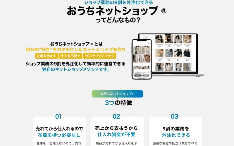 「おうちネットショップとは、在庫を持たず・仕入金不要・PC1台でどこででも、ショップ業務の9割を外注化して運営できる独自のメソッド」と説明し、在庫なし・仕入れ資金不要・9割外注の3つの特徴を挙げた広告画面