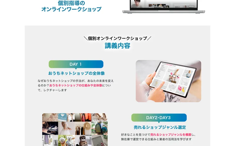 個別オンラインワークショップの講義内容。DAY1でおうちネットショップの全体像、DAY2・DAY3で売れるショップジャンル選定を学ぶと案内する広告画面
