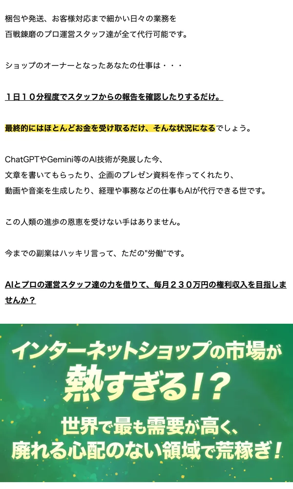 OWNERSの広告ページ。梱包や発送、顧客対応はプロの運営スタッフが代行し、オーナーの仕事は1日10分の報告確認だけと記載されている