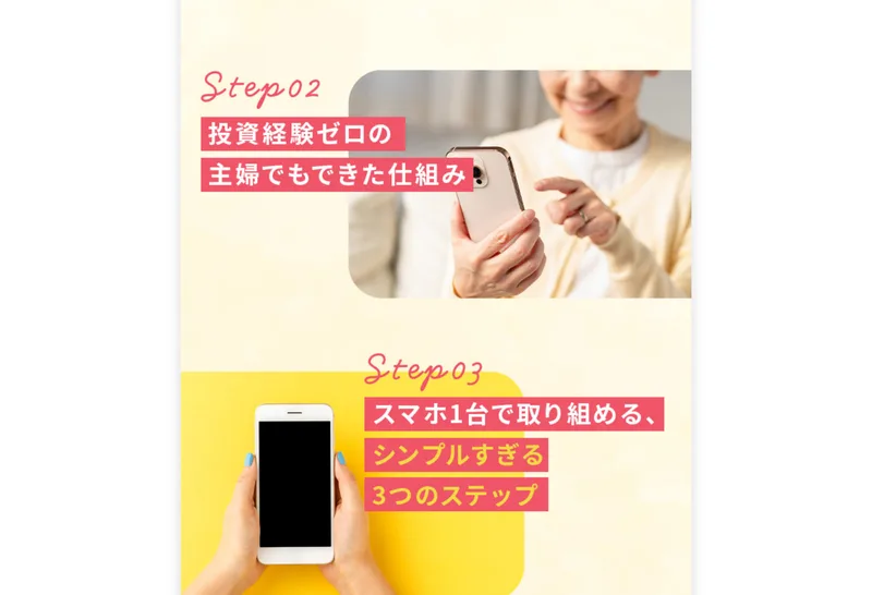 「投資経験ゼロの主婦でもできた仕組み」「スマホ1台で取り組める、シンプルすぎる3つのステップ」と書かれた広告ページのステップ紹介