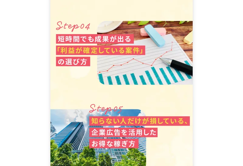 「利益が確定しているもうけ話の選び方」「企業広告を活用したお得な稼ぎ方」と書かれた広告ページのステップ紹介