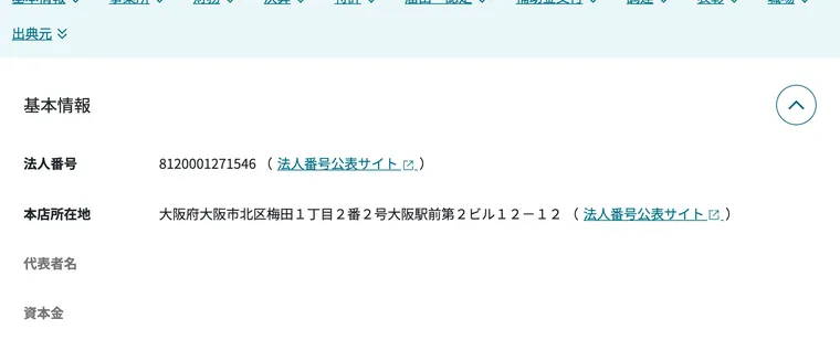 gBizINFOに表示された株式会社ACTの法人番号8120001271546と大阪駅前第2ビルの本店所在地