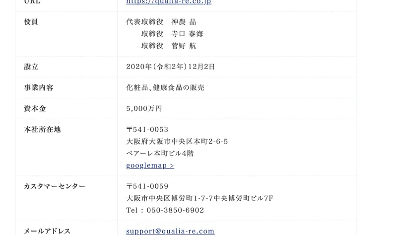 クオリアの会社概要。役員は代表取締役・神農晶、取締役・寺口泰海、取締役・菅野航。設立2020年12月、事業内容は化粧品・健康食品の販売、資本金5,000万円