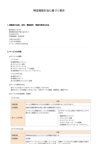リモラボの特定商取引法ページに記載された事業者名・所在地・代表者名などの運営者情報