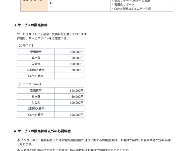 リモラボの特定商取引法ページに記載された受講費用18万円・教材費5万円・入会金10万円などの料金内訳