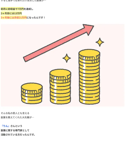 りんの副業の収益推移。初月7万円、2ヶ月目13万円、3ヶ月目21万円と記載