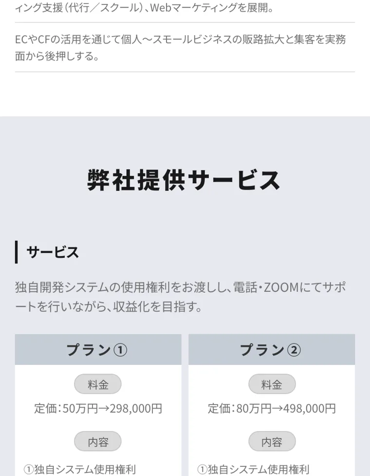 最終的に案内される有料プラン。298,000円と498,000円の2つのコースが用意されている