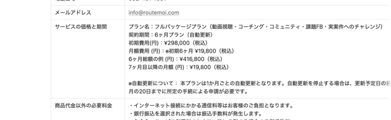 ルートモアの特定商取引法に基づく表記。フルパッケージプランは初期費用298,000円、月額19,800円で6ヶ月総額の例が416,800円と記載されている