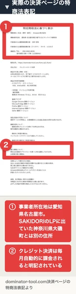 実際の決済ページの特商法表記。事業者所在地は愛知県名古屋市。クレジット決済は毎月自動的に課金されると明記されている