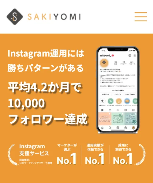 SAKIYOMIはInstagram運用には勝ちパターンがあると謳い平均4.2か月で1万フォロワー達成を掲げる支援サービスの広告