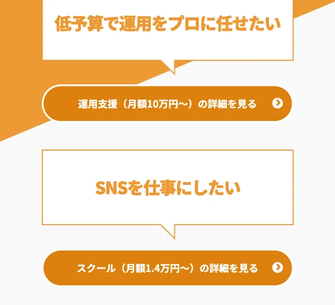 SAKIYOMIは低予算で運用をプロに任せたい人向けの運用支援月額10万円からとSNSを仕事にしたい人向けのスクール月額1.4万円からを案内している