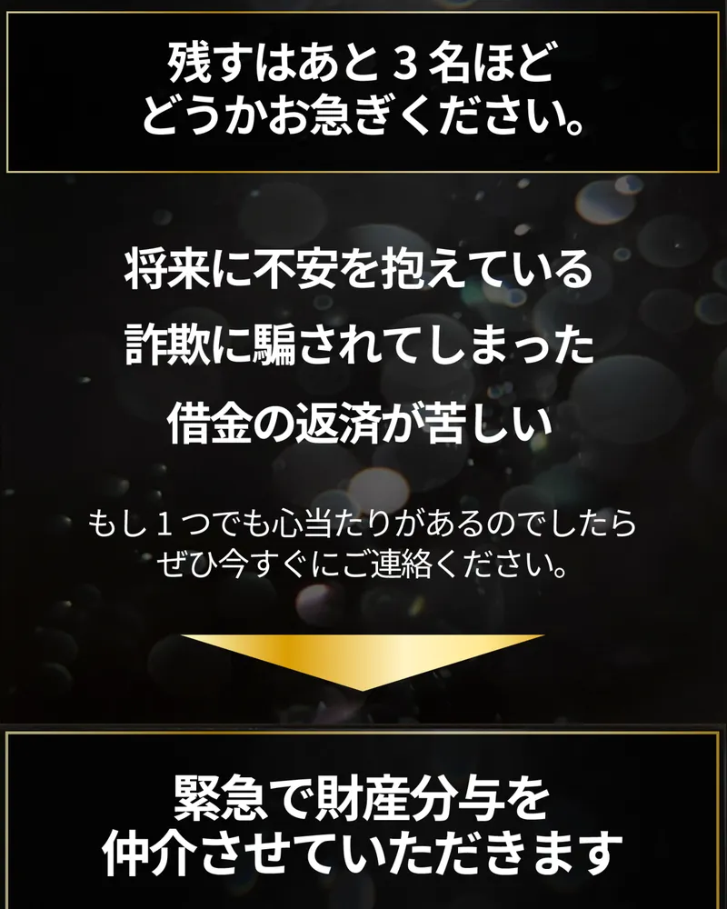 佐藤綾の緊急財産分与の広告ページ。「残すはあと3名ほどどうかお急ぎください。」「将来に不安を抱えている」「詐欺に騙されてしまった」「借金の返済が苦しい」と書かれている