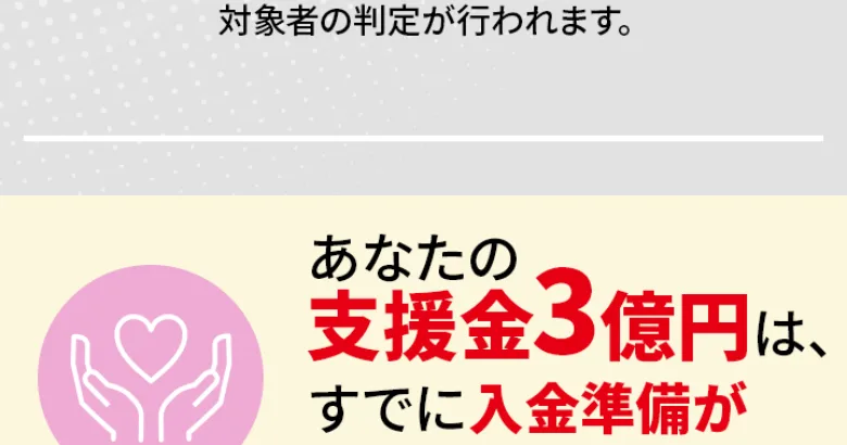 あなたの支援金3億円はすでに入金準備が整っていますあとは申込内容を確定するだけで振込が開始されますと書かれた生活支援認定AIの広告
