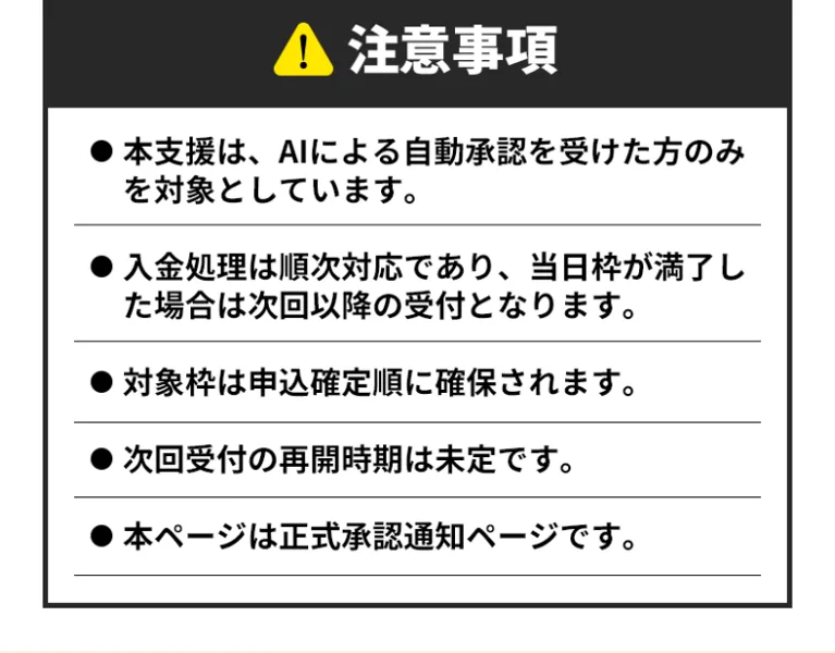 本支援はAIによる自動承認を受けた方のみが対象で入金枠は順次対応と書かれた生活支援認定AIの注意事項