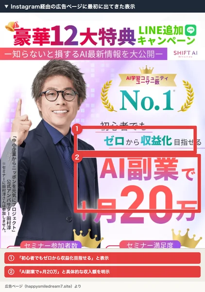 Instagram経由の広告ページに最初に出てきた表示。「初心者でもゼロから収益化目指せる」「AI副業で+月20万」という文言と、セミナー参加者数22万人突破、セミナー満足度94.3%という数字が示されている