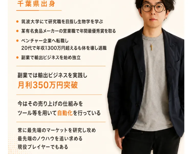 副業では輸出ビジネスを実践し月利350万円突破、今はその売り上げの仕組みをツール等を用いて自動化を行っているというプロフィールの続き