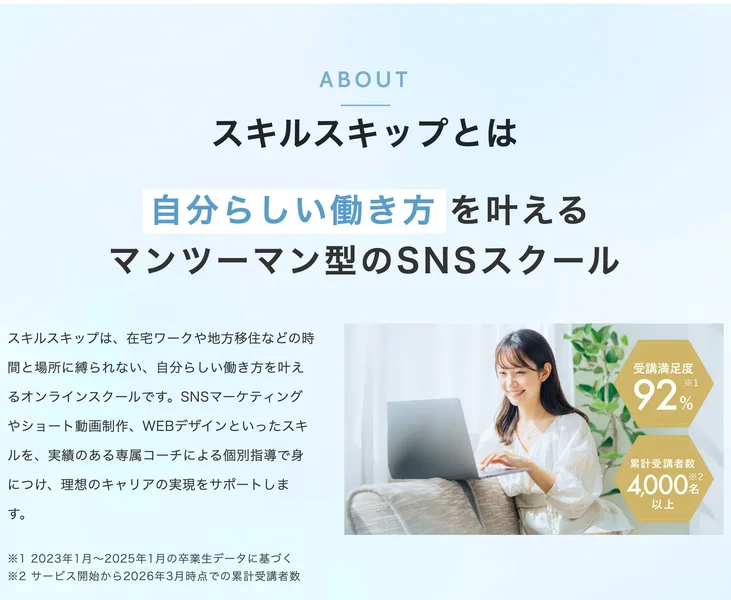 スキルスキップとは、在宅ワークや地方移住など時間と場所に縛られない働き方を叶えるオンラインスクールという説明