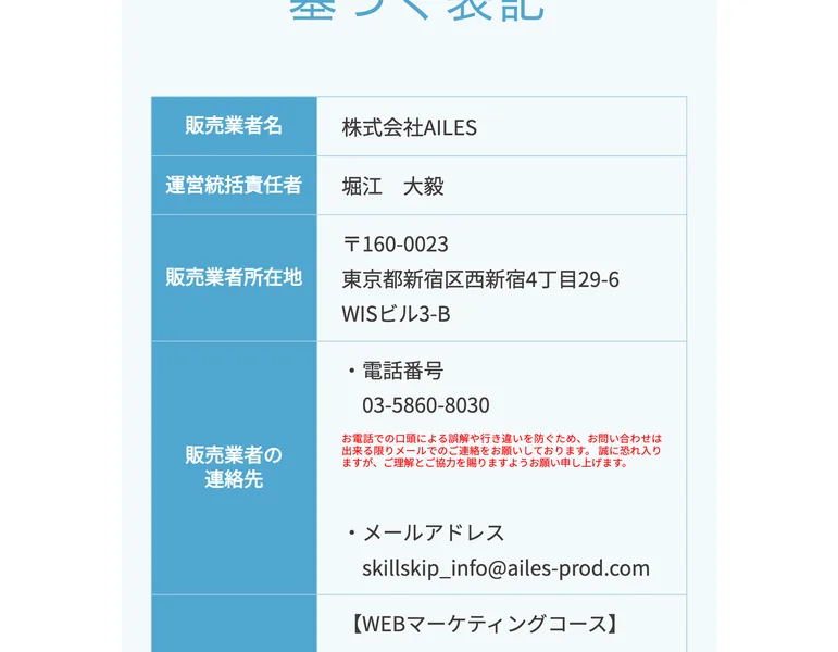 スキルスキップの特定商取引法ページ。レディースクラス295,000円、プロキャリアプラン795,000円、エキスパートプラン995,000円と記載されている
