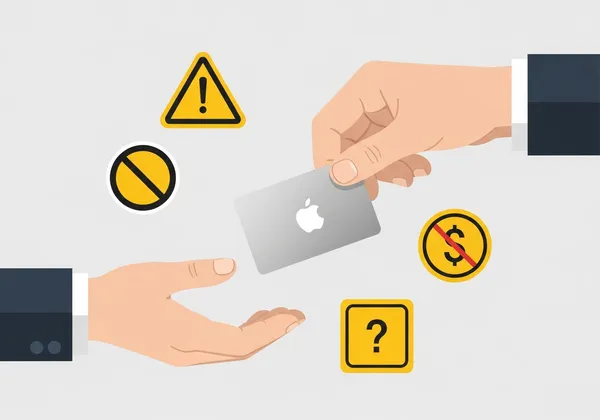 Appleギフトカードを渡している人のイラスト。電子マネーやギフトカードでの支払いを促されている様子