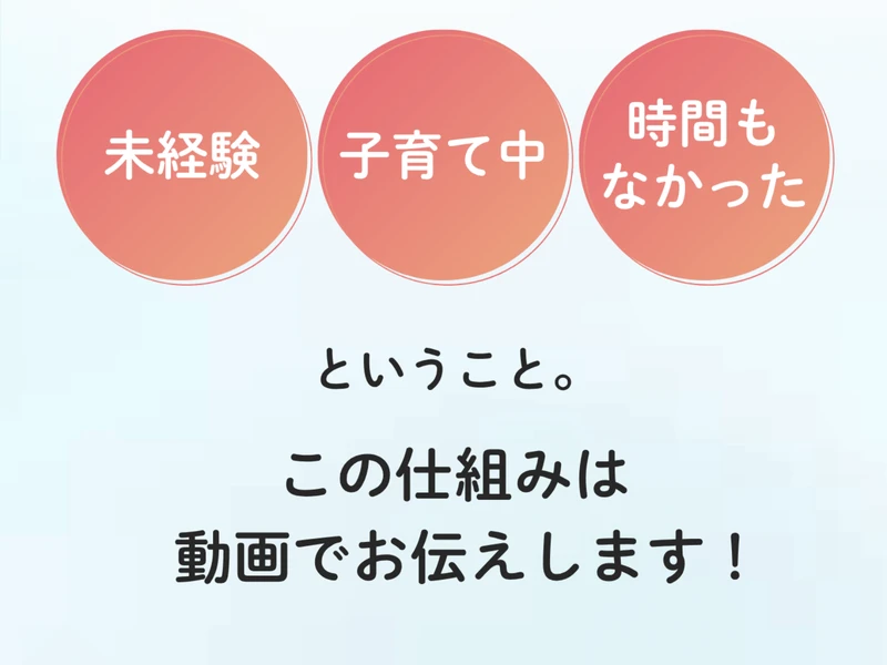 SUImeの広告。「未経験」「子育て中」「時間もなかった」という3つのアイコンと「この仕組みは動画でお伝えします」と書かれている