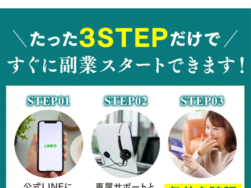 公式LINEに登録して専属サポートとビジネスを開始し収益を確認するという3ステップの説明