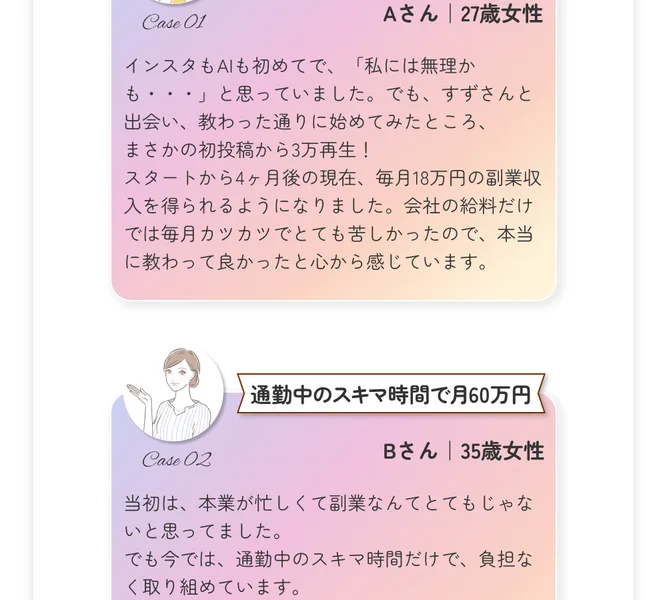 すずの広告にある体験談。Aさん27歳女性が4ヶ月で18万円の副収入、Bさん35歳女性が通勤中のスキマ時間で月60万円と紹介されている
