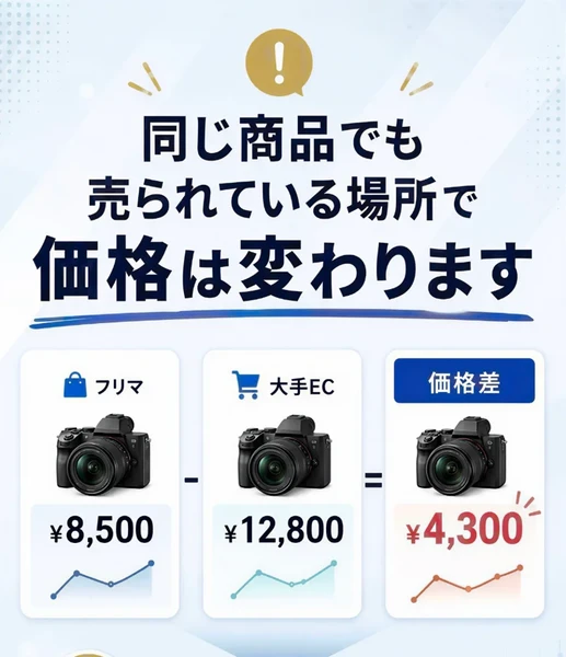 フリマ8,500円、大手EC12,800円、価格差4,300円という図とともに「同じ商品でも売られている場所で価格は変わります」と書かれた広告ページ