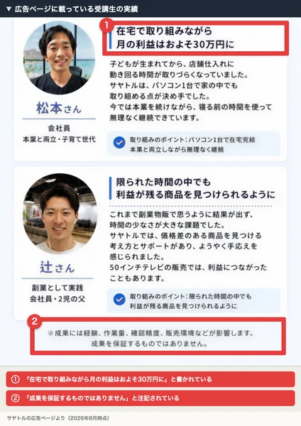 松本さん（会社員・本業と両立、子育て世代）の「在宅で取り組みながら月の利益はおよそ30万円に」という体験談と、下部に「成果を保証するものではありません」という注記が並ぶ広告ページに赤枠の注釈が付いている