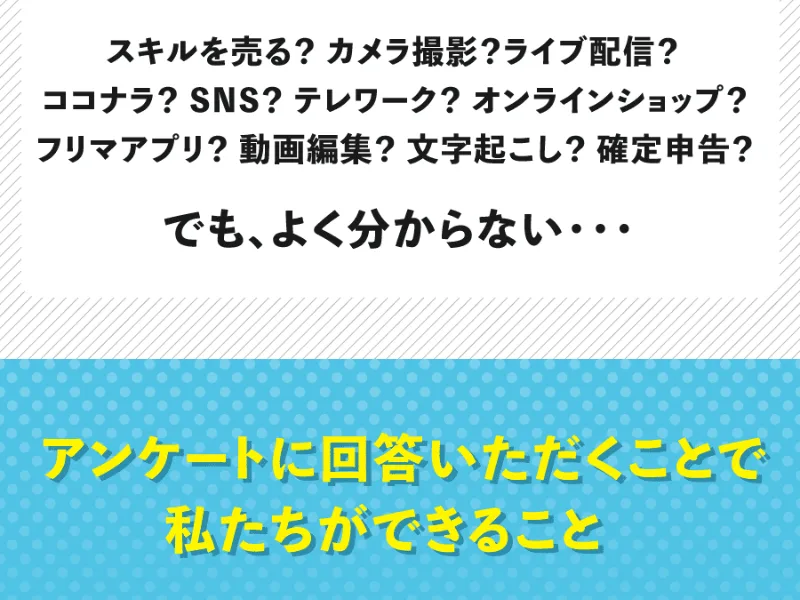 適職診断アンケートの広告ページ。「スキルを売る？カメラ撮影？ライブ配信？オンラインショップ？」など多くの仕事が並び、でもよく分からないと書かれている