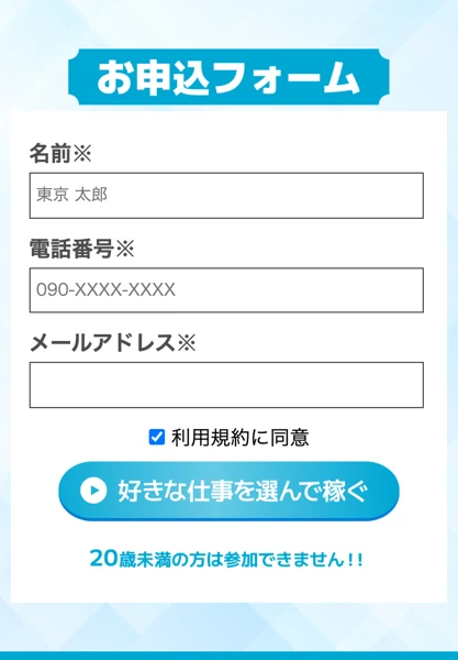 名前、電話番号、メールアドレスを入力するテリアのお申込フォーム