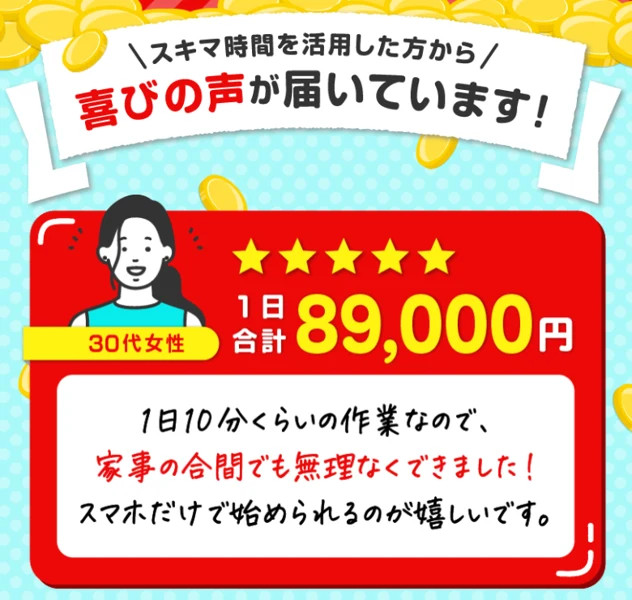 1日合計89,000円という30代女性の喜びの声が載ったテリアの広告