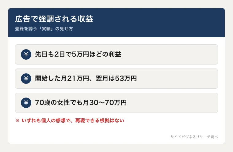 「2日で5万円の利益」「翌月は53万円」など収益を強調した広告表現をまとめた図