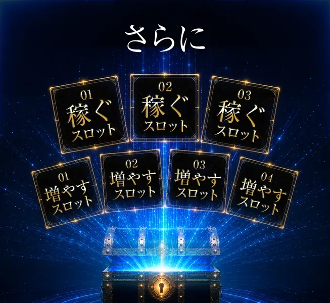 TREASURE BOXの収益経路。「稼ぐスロット」が3つ、「増やすスロット」が4つ、合計7つのマスが並んでいる