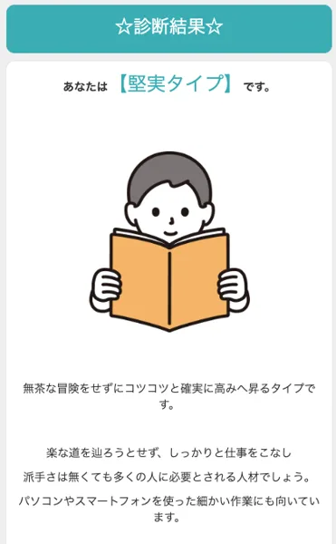 Winners Lifeの診断結果画面。あなたは堅実タイプですと表示され、無茶な冒険をせずにコツコツと確実に高みへ昇るタイプですという説明とイラストが載っている