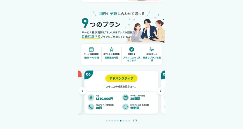 mottoのプラン一覧。アドバンスティアは料金1,580,000円、サービス提供期間30日間と表示されている