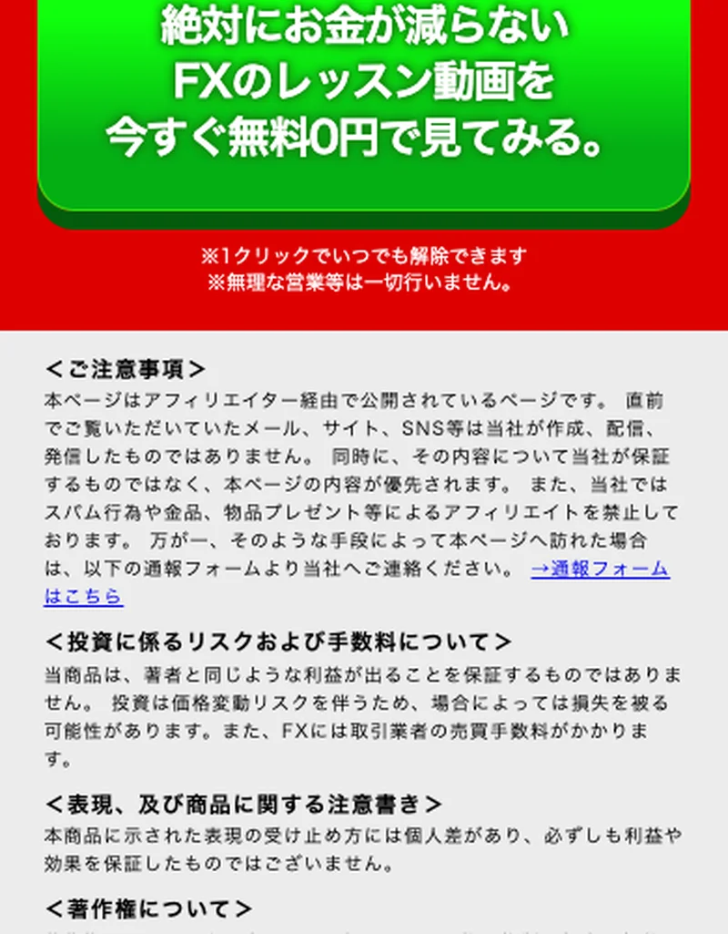 広告ページ末尾にある、利益や効果を保証したものではないという注意書き