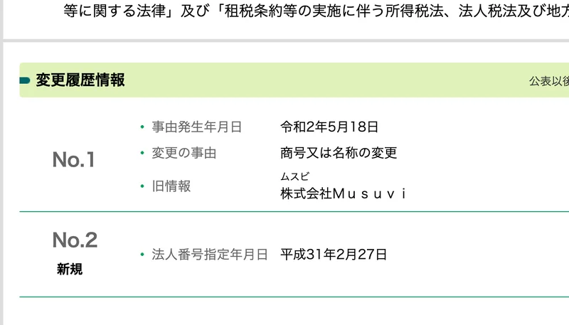 法人番号公表サイトの変更履歴情報。令和2年5月18日に商号又は名称の変更があり、旧情報は株式会社Musuvi、法人番号指定年月日は平成31年2月27日と表示されている