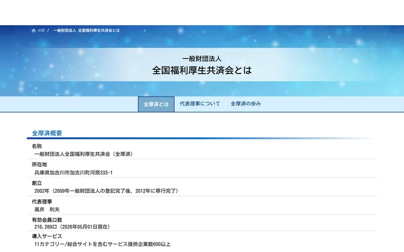 全国福利厚生共済会の会社概要ページ。名称・所在地・代表理事・会員数が記載されている